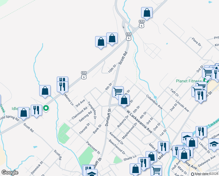 map of restaurants, bars, coffee shops, grocery stores, and more near 17 9th St in Olyphant