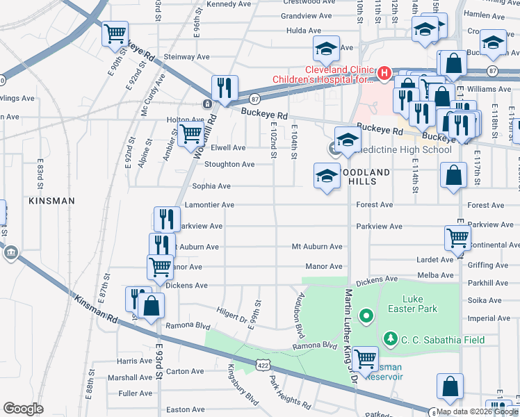 map of restaurants, bars, coffee shops, grocery stores, and more near 10014 Lamontier Avenue in Cleveland