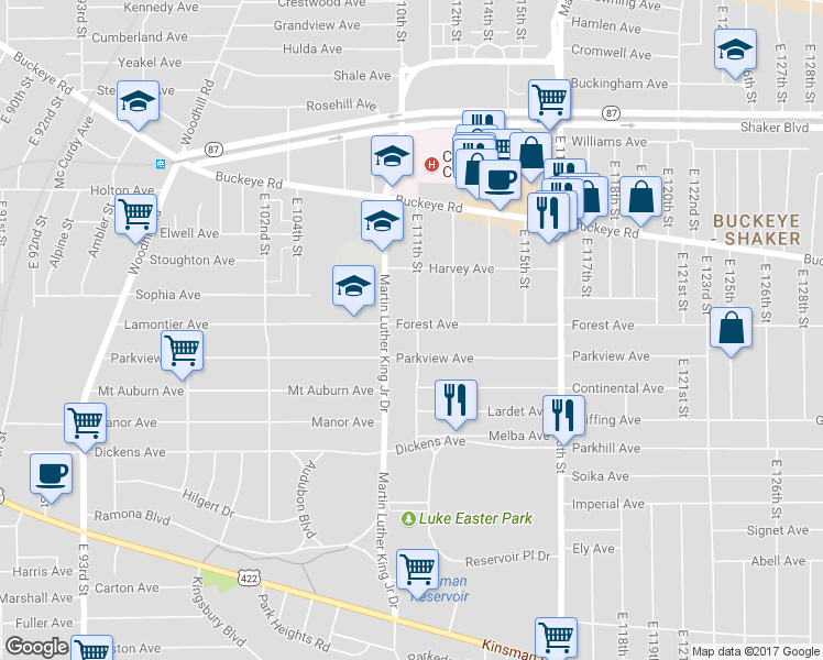 map of restaurants, bars, coffee shops, grocery stores, and more near 2980 East 111th Street in Cleveland