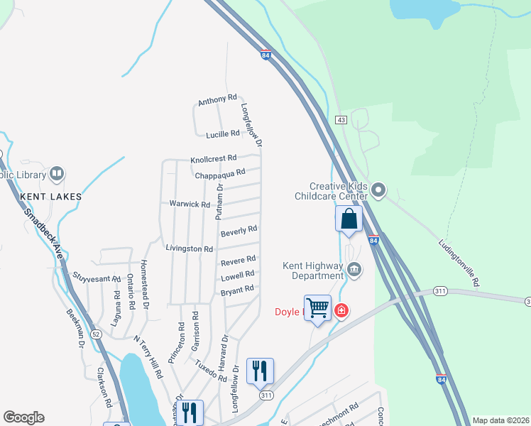 map of restaurants, bars, coffee shops, grocery stores, and more near 140 Longfellow Drive in Carmel Hamlet