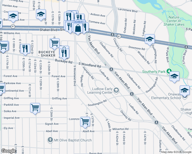 map of restaurants, bars, coffee shops, grocery stores, and more near 13702 Corby Road in Cleveland