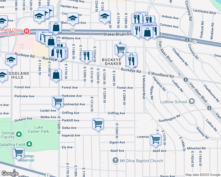 map of restaurants, bars, coffee shops, grocery stores, and more near 12520 Forest Avenue in Cleveland