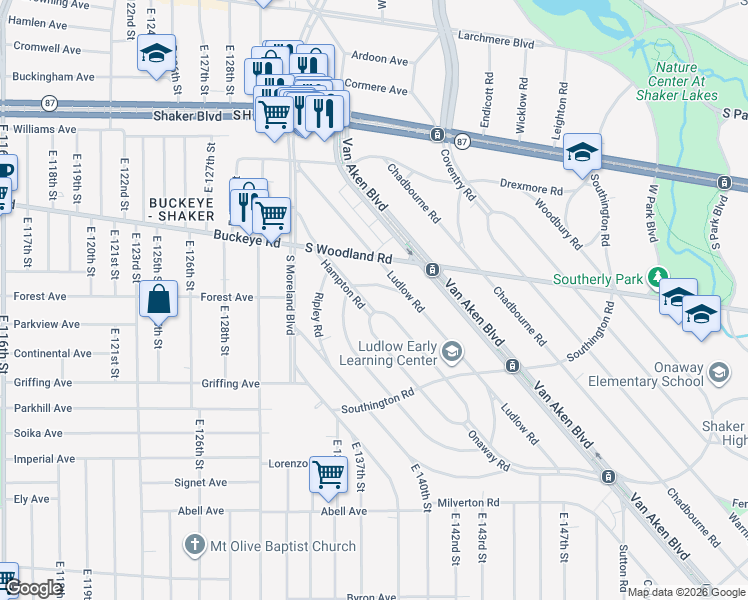 map of restaurants, bars, coffee shops, grocery stores, and more near 13702 Corby Road in Cleveland