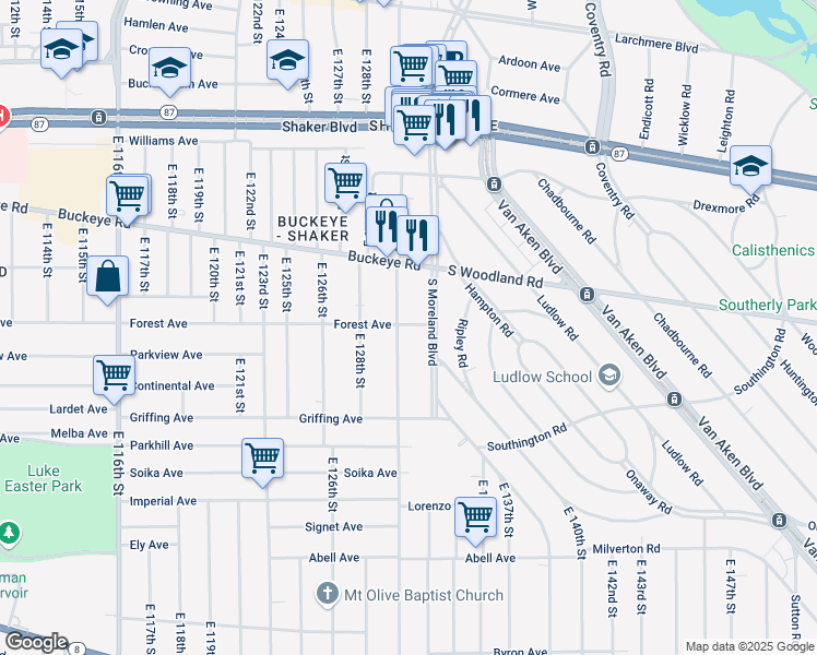 map of restaurants, bars, coffee shops, grocery stores, and more near 2962 South Moreland Boulevard in Cleveland