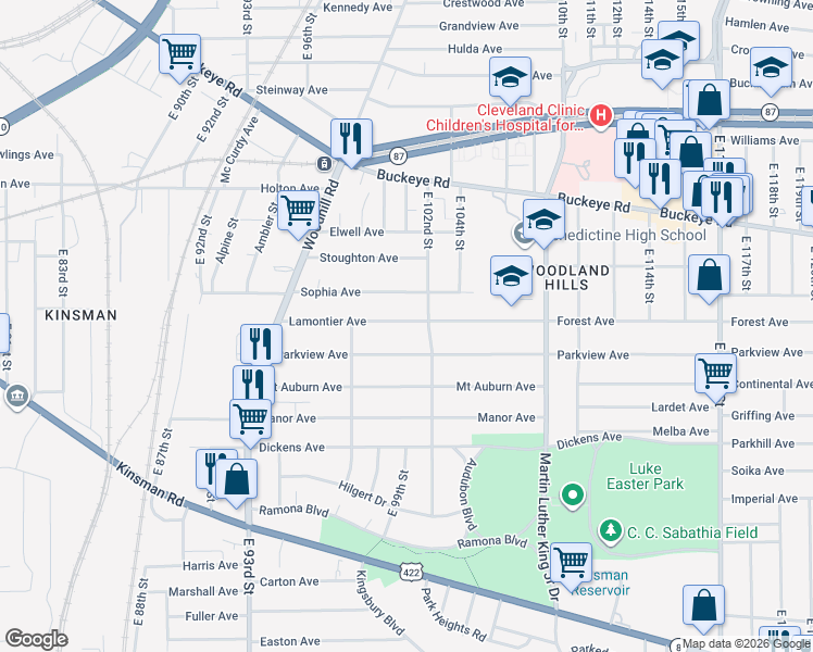 map of restaurants, bars, coffee shops, grocery stores, and more near 10014 Lamontier Avenue in Cleveland