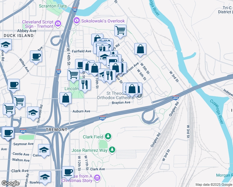 map of restaurants, bars, coffee shops, grocery stores, and more near 2458 Tremont Avenue in Cleveland