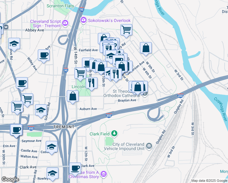 map of restaurants, bars, coffee shops, grocery stores, and more near 2458 Tremont Avenue in Cleveland