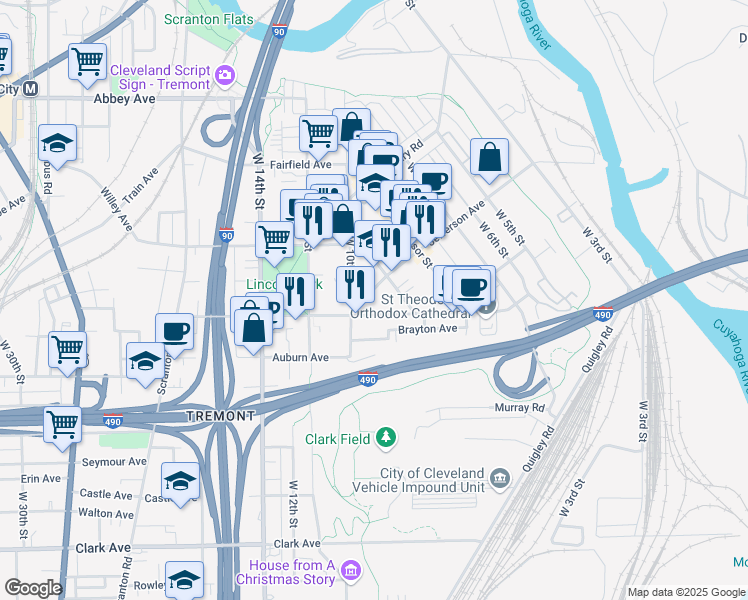 map of restaurants, bars, coffee shops, grocery stores, and more near 943 Jefferson Avenue in Cleveland