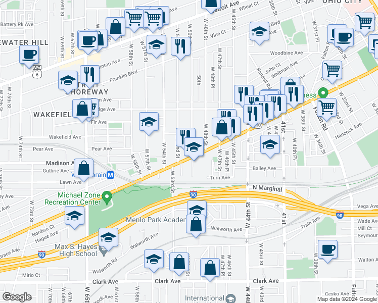 map of restaurants, bars, coffee shops, grocery stores, and more near 1978 West 50th Street in Cleveland
