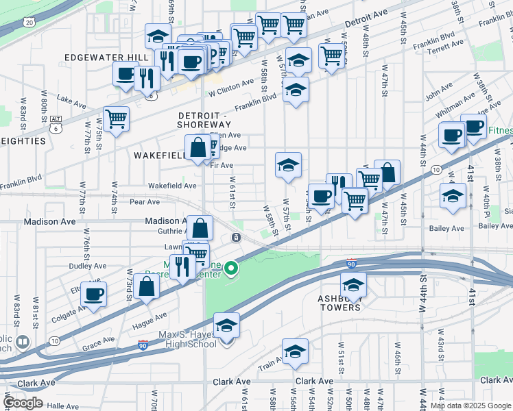 map of restaurants, bars, coffee shops, grocery stores, and more near 6005 Pear Avenue in Cleveland