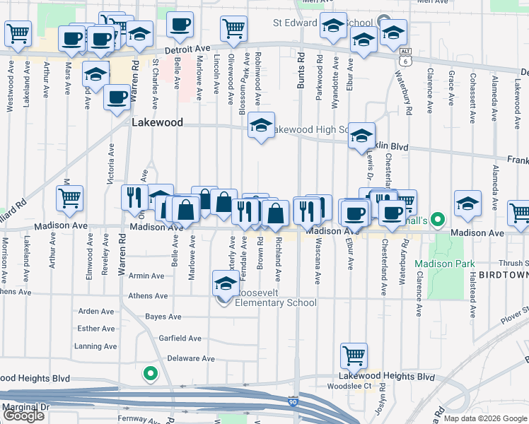 map of restaurants, bars, coffee shops, grocery stores, and more near 1691 Robinwood Avenue in Lakewood