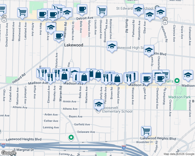 map of restaurants, bars, coffee shops, grocery stores, and more near 1666 Lincoln Avenue in Lakewood