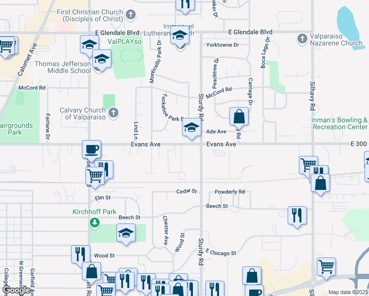 map of restaurants, bars, coffee shops, grocery stores, and more near 1020 Hampton Court in Valparaiso