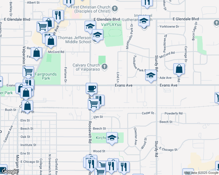 map of restaurants, bars, coffee shops, grocery stores, and more near 1402 Evans Avenue in Valparaiso