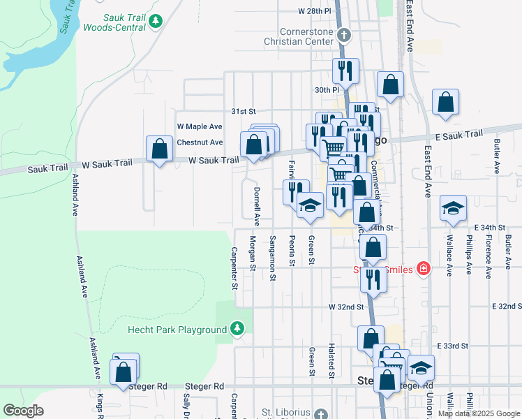map of restaurants, bars, coffee shops, grocery stores, and more near 3325 Dornell Avenue in South Chicago Heights