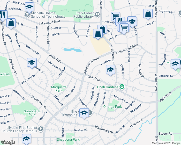 map of restaurants, bars, coffee shops, grocery stores, and more near 142 Peach Street in Park Forest