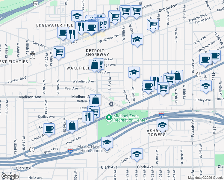 map of restaurants, bars, coffee shops, grocery stores, and more near 6021 Pear Avenue in Cleveland
