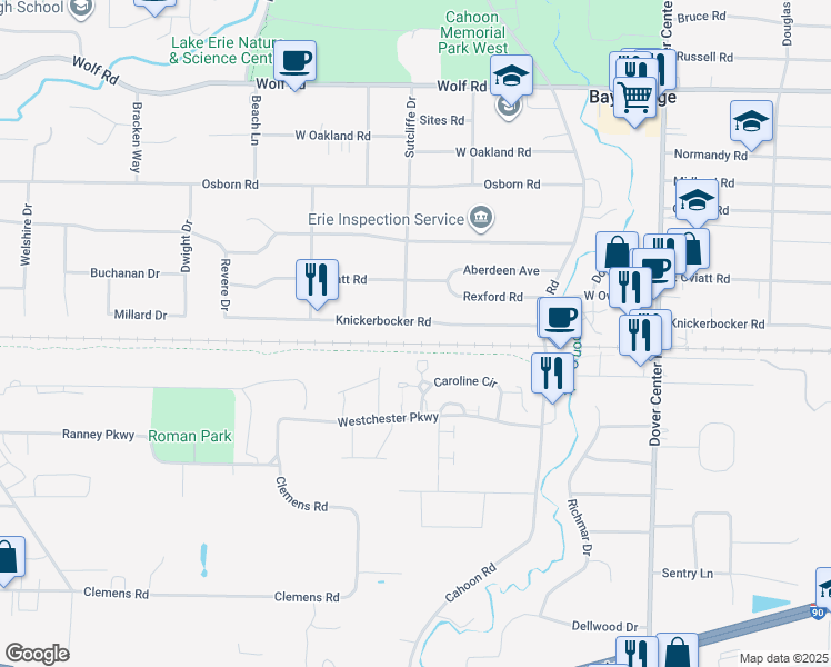 map of restaurants, bars, coffee shops, grocery stores, and more near 28005 Knickerbocker Road in Bay Village