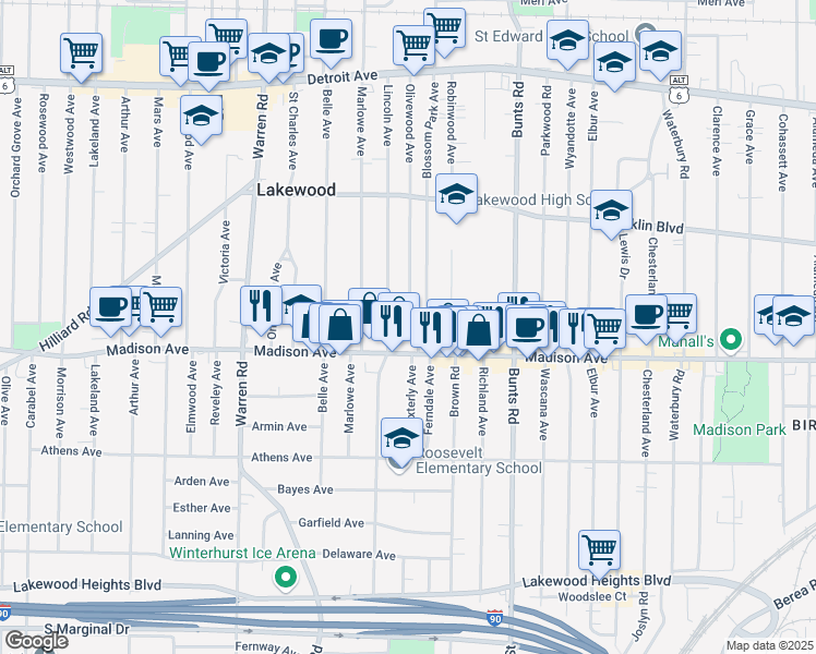 map of restaurants, bars, coffee shops, grocery stores, and more near 1670 Roosevelt Avenue in Lakewood