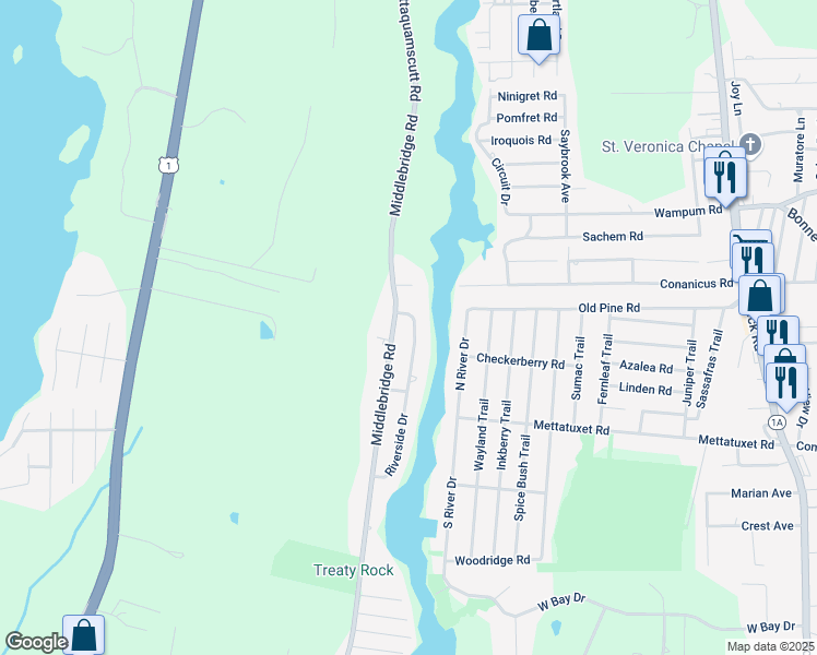 map of restaurants, bars, coffee shops, grocery stores, and more near 178 Riverside Drive in South Kingstown