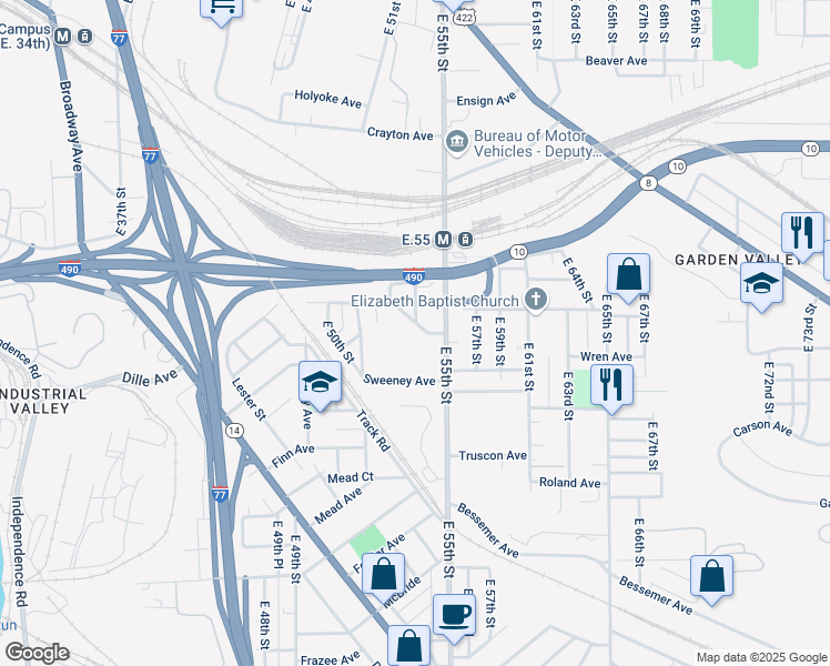map of restaurants, bars, coffee shops, grocery stores, and more near 5408 Bragg Rd in Cleveland