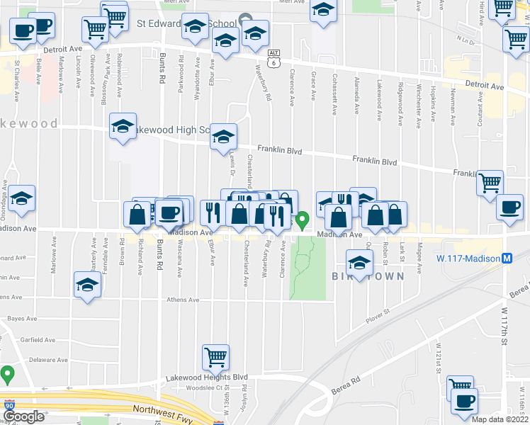 map of restaurants, bars, coffee shops, grocery stores, and more near 1646 Waterbury Road in Lakewood