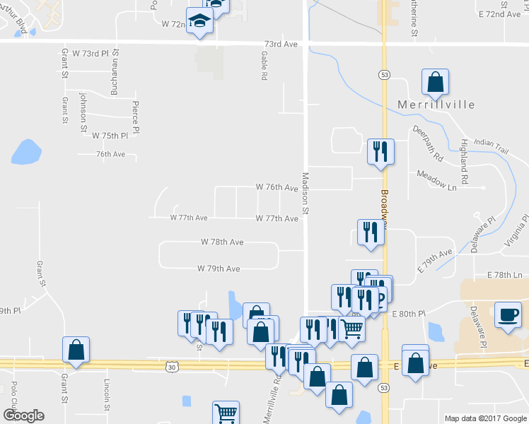 map of restaurants, bars, coffee shops, grocery stores, and more near 7697 Jackson St in Merrillville