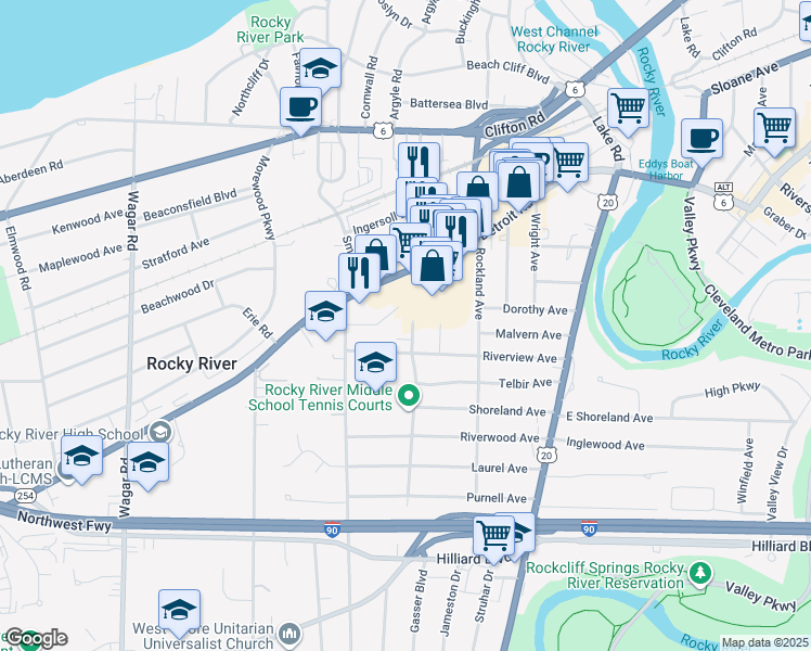 map of restaurants, bars, coffee shops, grocery stores, and more near 1500 Hampton Road in Rocky River