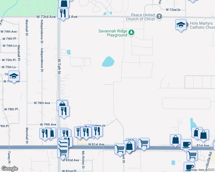 map of restaurants, bars, coffee shops, grocery stores, and more near 7722 Grant Street in Merrillville
