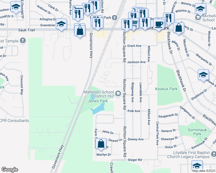 map of restaurants, bars, coffee shops, grocery stores, and more near 100 Cedar Ridge Lane in Richton Park
