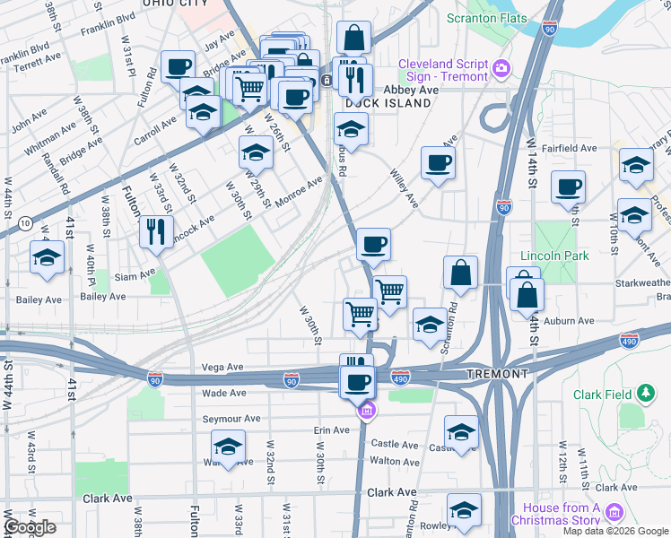 map of restaurants, bars, coffee shops, grocery stores, and more near 2500 West 27th Street in Cleveland