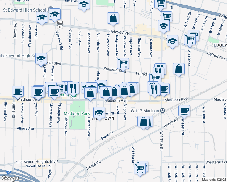 map of restaurants, bars, coffee shops, grocery stores, and more near 1622 Ridgewood Avenue in Lakewood