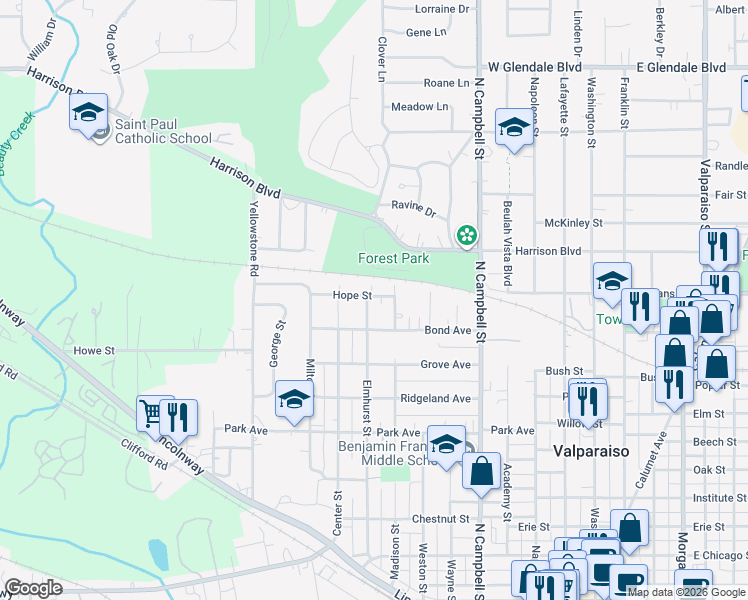 map of restaurants, bars, coffee shops, grocery stores, and more near 1014 Elmhurst Street in Valparaiso