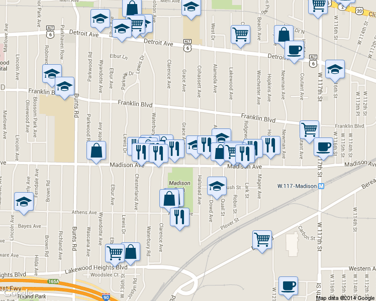 map of restaurants, bars, coffee shops, grocery stores, and more near 1643 Grace Ave in Lakewood