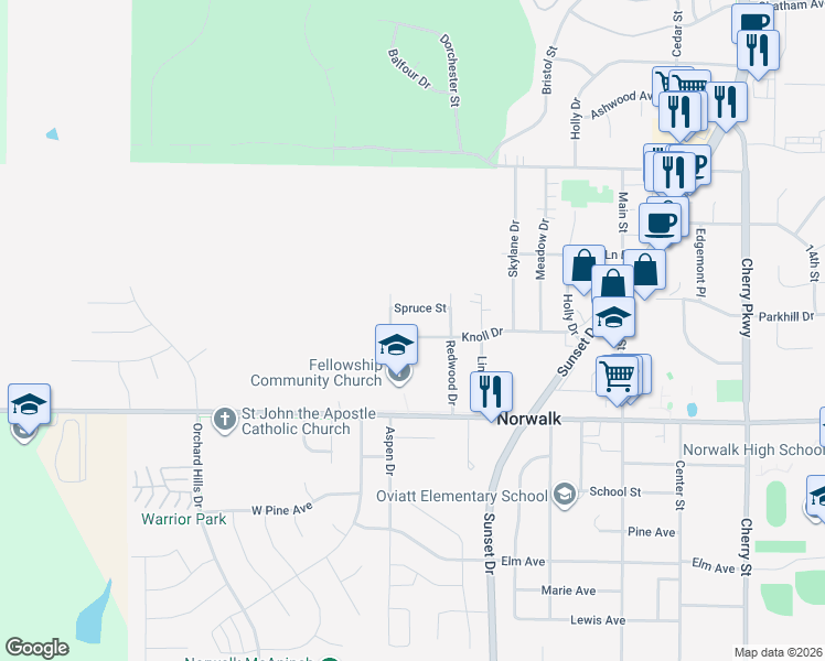 map of restaurants, bars, coffee shops, grocery stores, and more near 207 Knoll Drive in Norwalk