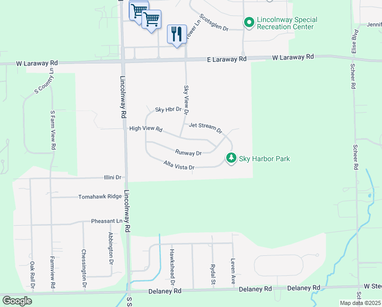 map of restaurants, bars, coffee shops, grocery stores, and more near Runway Drive in New Lenox