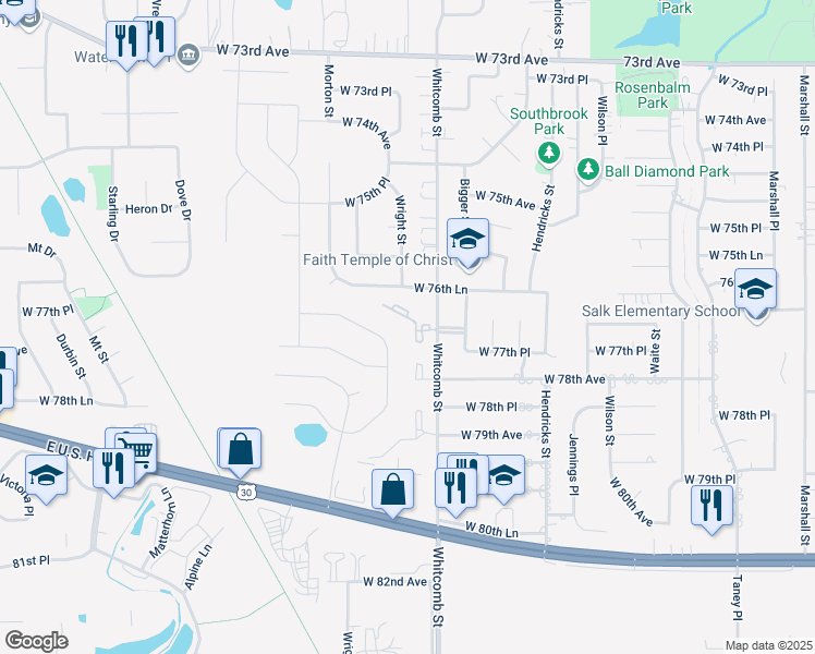 map of restaurants, bars, coffee shops, grocery stores, and more near 3951 West 77th Place in Merrillville