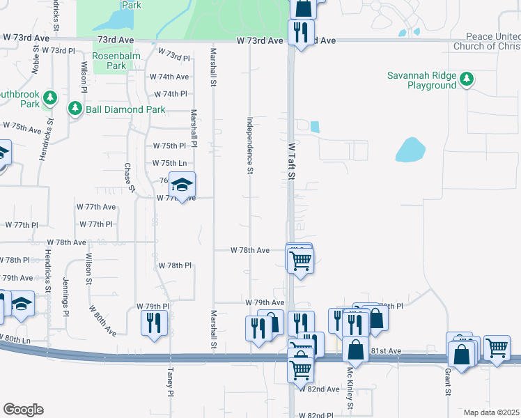 map of restaurants, bars, coffee shops, grocery stores, and more near 7703 Independence Street in Merrillville