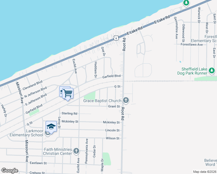 map of restaurants, bars, coffee shops, grocery stores, and more near 3287 G Street in Lorain