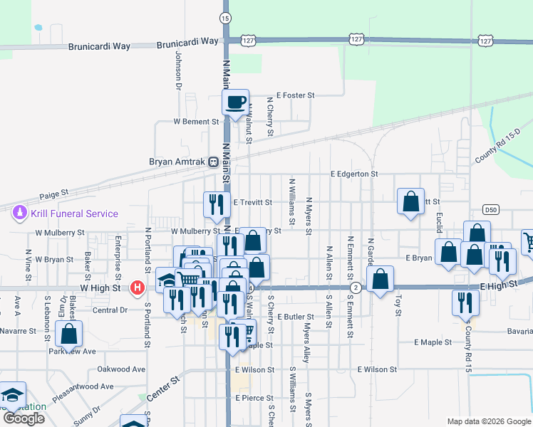 map of restaurants, bars, coffee shops, grocery stores, and more near 321 North Cherry Street in Bryan