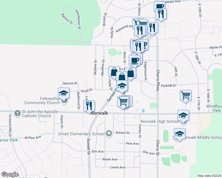 map of restaurants, bars, coffee shops, grocery stores, and more near 613 Knoll Drive in Norwalk