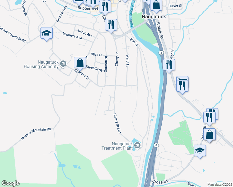 map of restaurants, bars, coffee shops, grocery stores, and more near 338 Cherry Street in Naugatuck