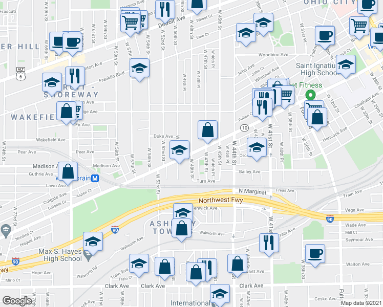 map of restaurants, bars, coffee shops, grocery stores, and more near Lorain Avenue & West 48th Street in Cleveland