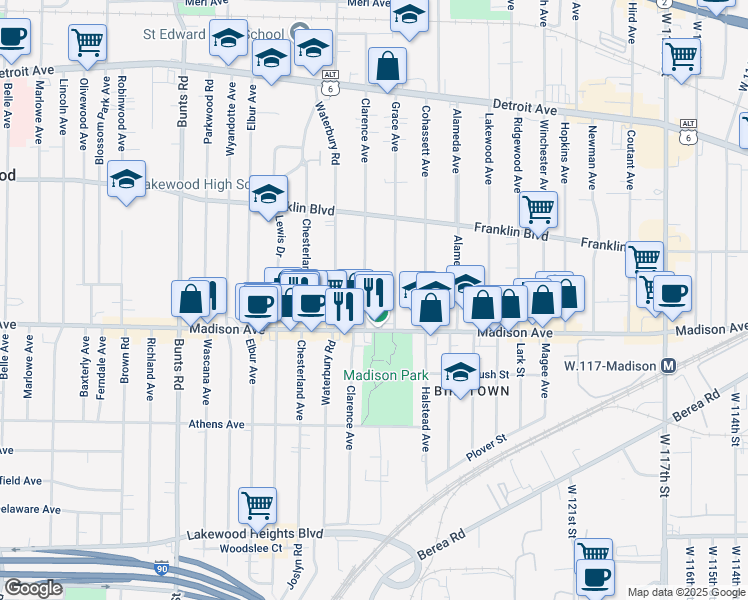 map of restaurants, bars, coffee shops, grocery stores, and more near 1645 Clarence Avenue in Lakewood