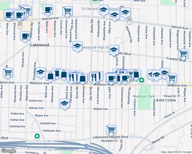 map of restaurants, bars, coffee shops, grocery stores, and more near 1668 Parkwood Road in Lakewood
