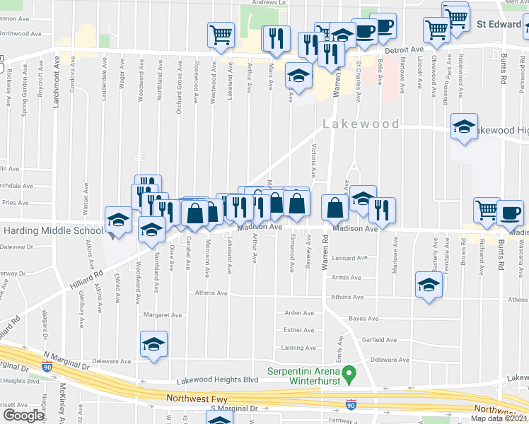 map of restaurants, bars, coffee shops, grocery stores, and more near 1654 Mars Avenue in Lakewood