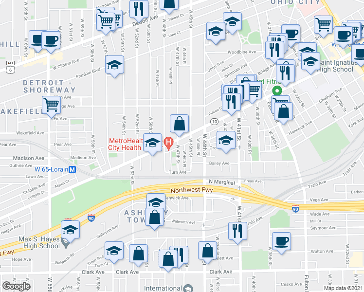 map of restaurants, bars, coffee shops, grocery stores, and more near 4609 Lorain Court in Cleveland