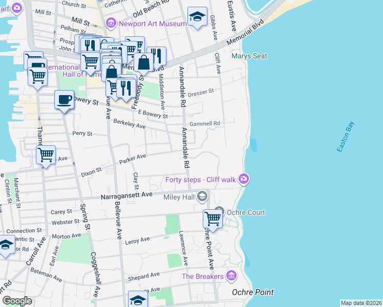 map of restaurants, bars, coffee shops, grocery stores, and more near 11 Ocean Lawn Lane in Newport