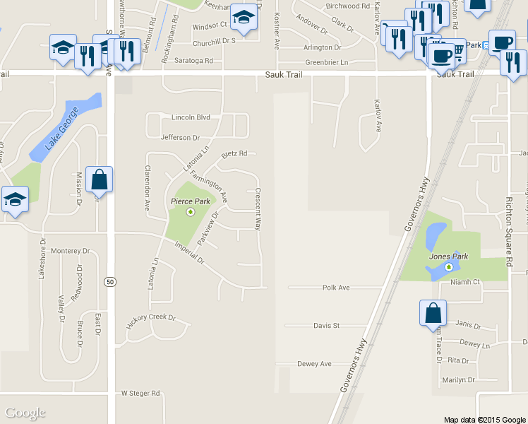 map of restaurants, bars, coffee shops, grocery stores, and more near 22542 Crescent Way in Richton Park