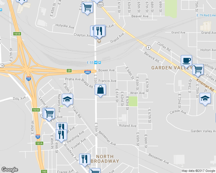 map of restaurants, bars, coffee shops, grocery stores, and more near 2960 East 59th Street in Cleveland